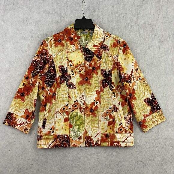 Chico's Full Zip Jacket Womens Size 2 US Medium Orange Floral Print Collared - Picture 8 of 12